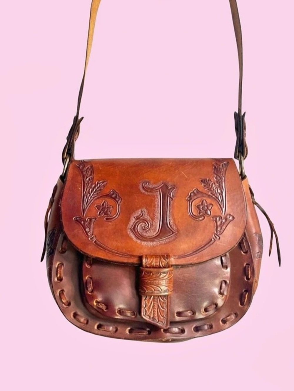 Brown Floral Leather-Look Crossbody Bag
